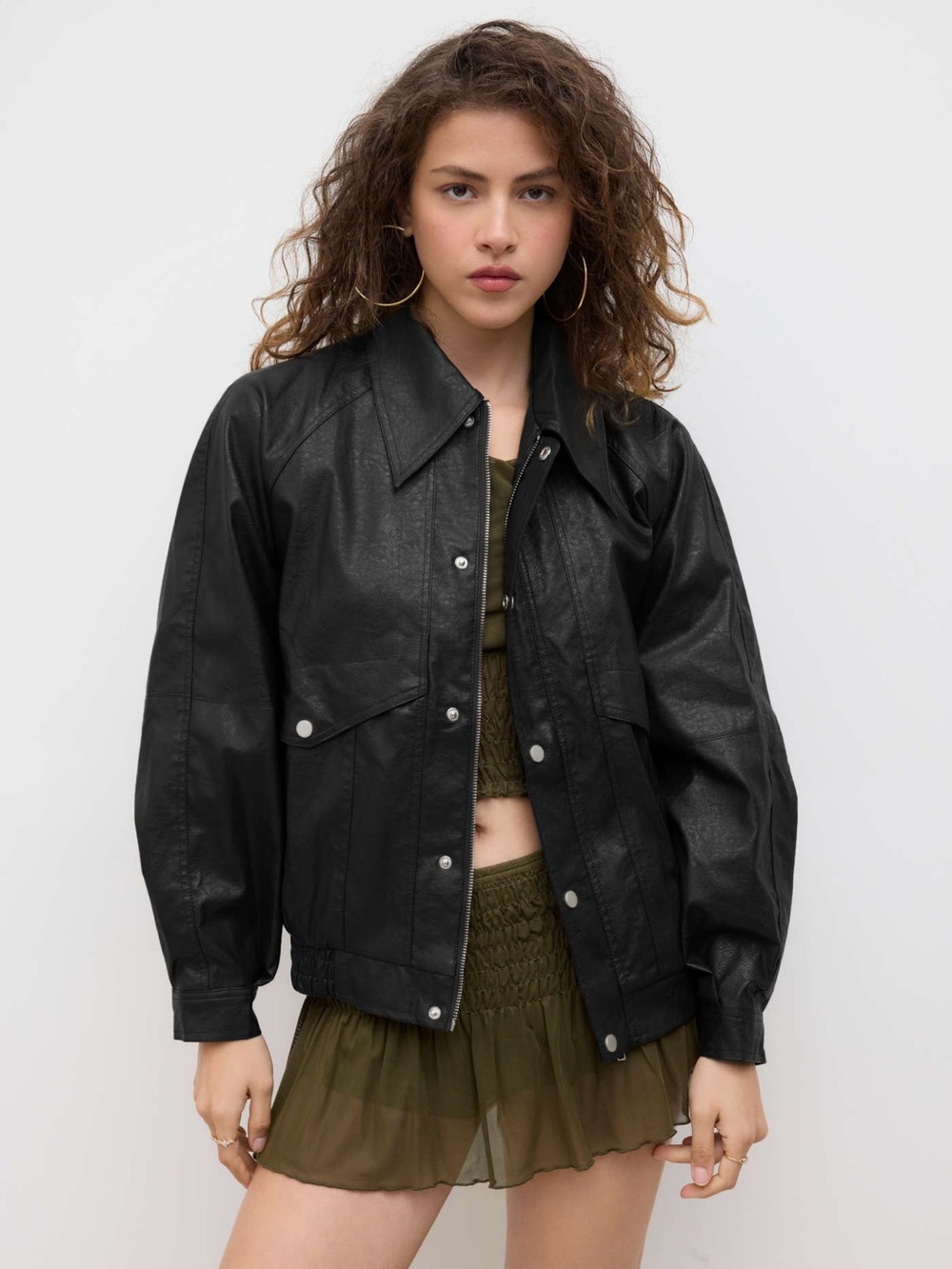 Cider Black Faux Leather Snap-Front Overshirt Jacket